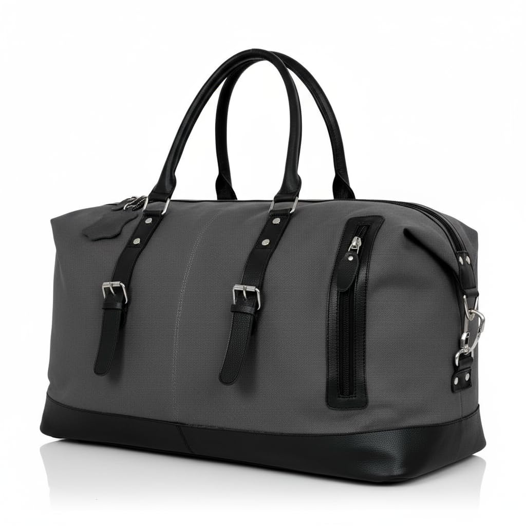 Genuine Leather Large 40L Canvas Weekender Travel Duffle Cabin Bag with Detachable Shoulder Strap for Men and Women Overnight Sling Bag (Grey)