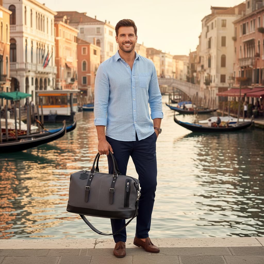 Genuine Leather Large 40L Canvas Weekender Travel Duffle Cabin Bag with Detachable Shoulder Strap for Men and Women Overnight Sling Bag (Grey) - Image 2