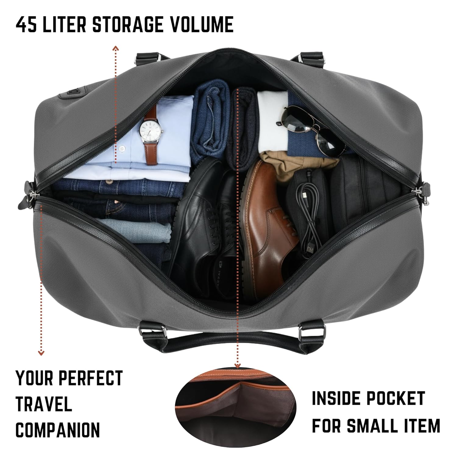 Genuine Leather Large 40L Canvas Weekender Travel Duffle Cabin Bag with Detachable Shoulder Strap for Men and Women Overnight Sling Bag (Grey) - Image 6