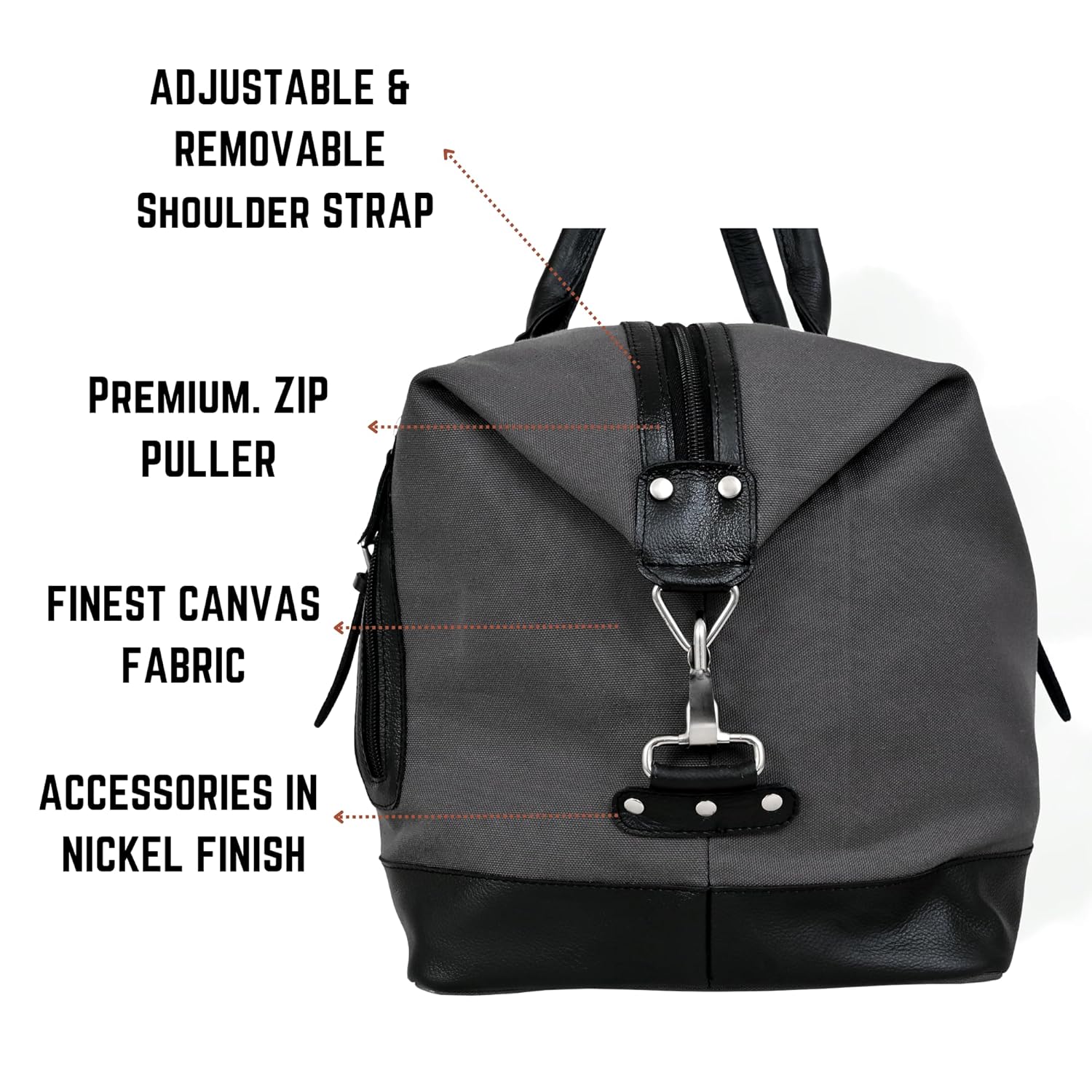 Genuine Leather Large 40L Canvas Weekender Travel Duffle Cabin Bag with Detachable Shoulder Strap for Men and Women Overnight Sling Bag (Grey) - Image 4